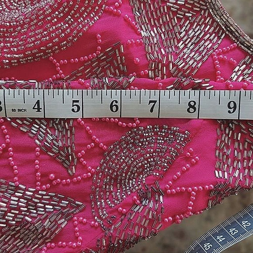 Vtg fuschia beaded silk half sleeve boat neck V back blouse - Picture 11 of 16